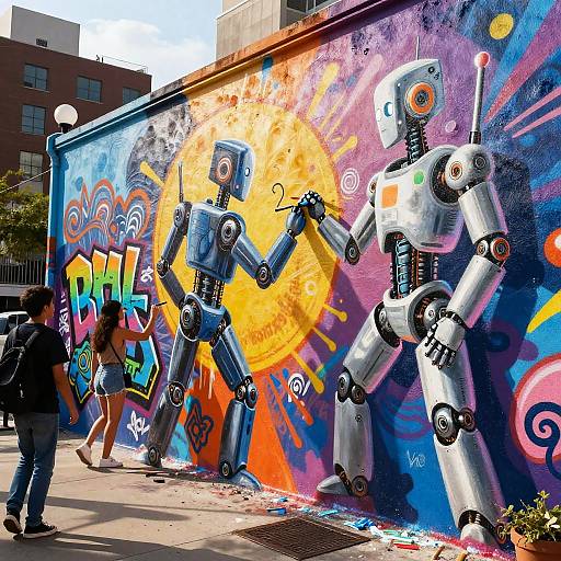 Vibrant street graffiti mural of two silver robots dancing on a colorful, sunburst-patterned wall, with people walking by.