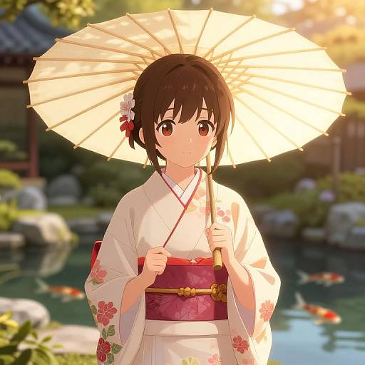 Cute Anime Girl in Kimono at Sunset