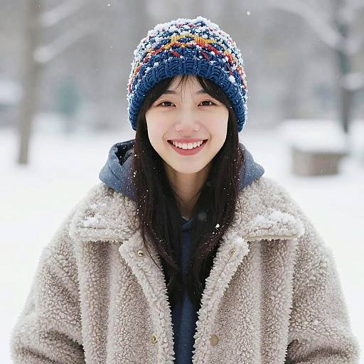 Smiling Woman in Winter Shearling Jacket