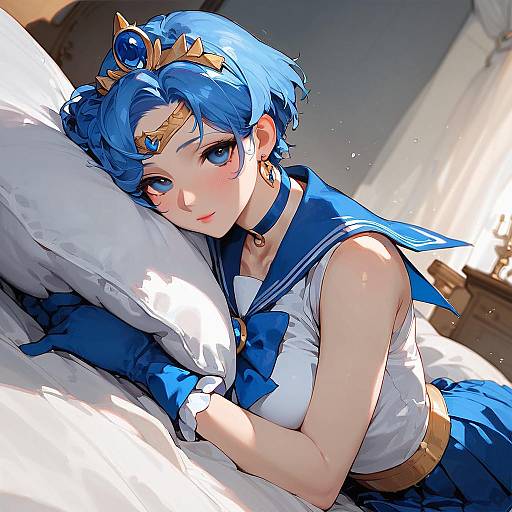 Digital anime-style drawing of a blue-haired Sailor Moon lying on a bed, wearing a blue and white sailor uniform, with a crown and choker,