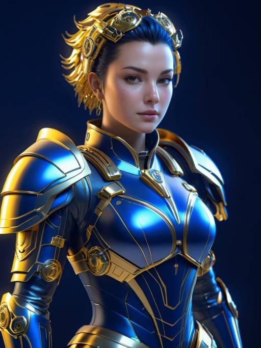 Futuristic Female Warrior in Blue and Gold Armor