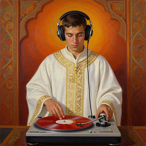 Photograph of a young man with short brown hair, wearing a white and gold embroidered robe, DJing with headphones on, against an orange and orn