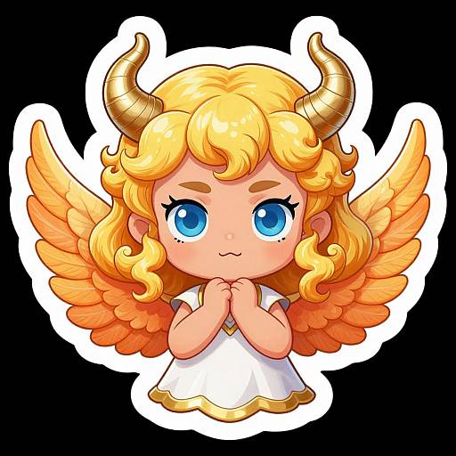 Cute chibi-style drawing of a blonde, blue-eyed angel with orange wings, gold horns, and a white dress, hands clasped, against