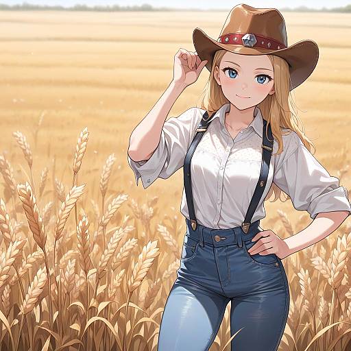 Freckled Topless Cowgirl in Wheat Field
