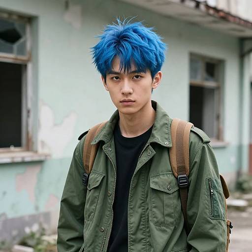 Photograph of an Asian teenage boy with vivid blue spiky hair, wearing a green military jacket, black shirt, and brown backpack, standing in front