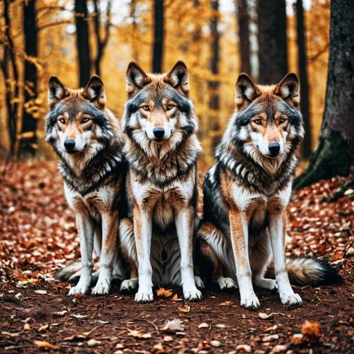 Three Copper Wolves in Autumn Forest Three Copper Wolves in Autumn Forest