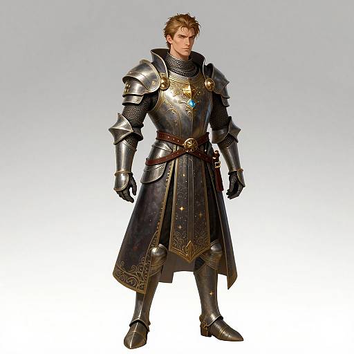 Digital illustration of a muscular, blonde man in ornate, silver medieval armor with gold accents, a black chainmail undershirt, and brown leather