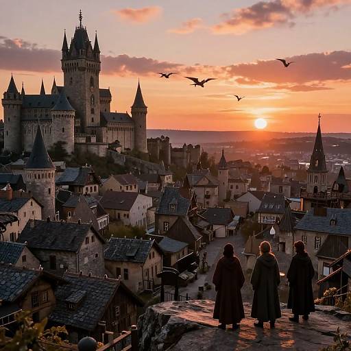 Photograph-style digital art: Two silhouetted figures watch a sunset over a medieval town with a grand castle, surrounded by flying bats.