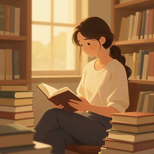 Anime-style digital drawing of a young woman with dark hair in a ponytail, wearing a white shirt and blue pants, reading a book in a sun
