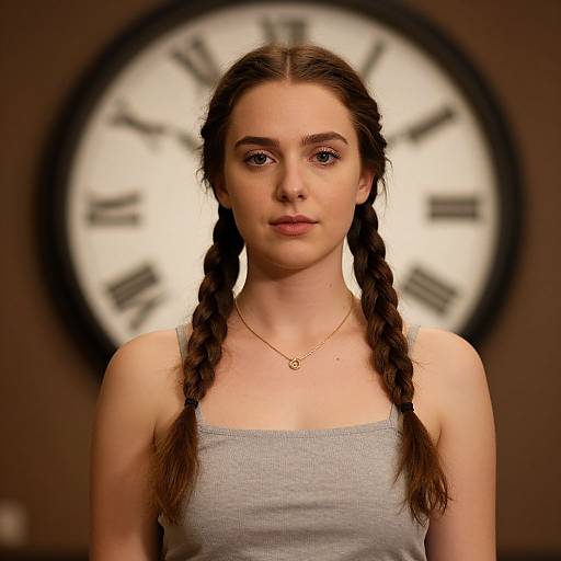 Photograph of a young woman with fair skin, brown hair in two braids, wearing a gray tank top and a gold necklace, standing in front