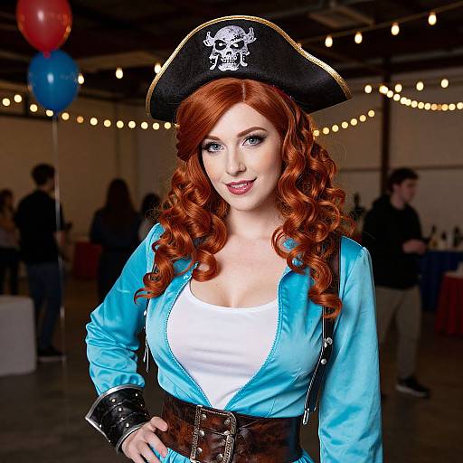 Photograph of a fair-skinned, red-haired woman in a pirate costume with blue jacket, white top, black hat with skull emblem, and cor