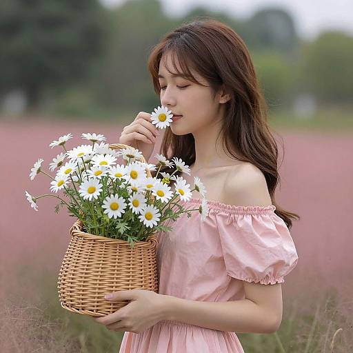 Young woman smelling daisies in pink dress