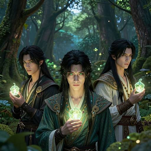 Digital artwork of three ethereal, long-haired, green-eyed forest elves holding glowing fireflies, wearing intricate medieval-style robes, in a mystical forest.