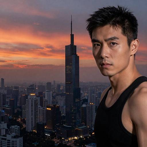 Determined Man Overlooking Sunset Cityscape