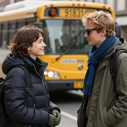 Young Couple Talking Near Yellow Bus