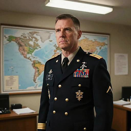 Photograph of a serious, middle-aged white male military officer in a black dress uniform with gold epaulettes and multiple medals, standing in an
