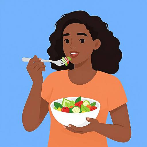 Digital illustration of a smiling Black woman with curly hair, wearing an orange shirt, eating a colorful salad with a fork against a blue background.