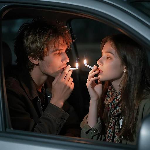 Intimate Night Car Scene with Cigarettes