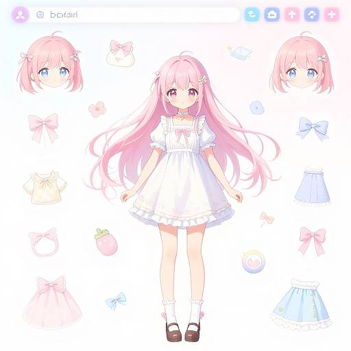 Digital anime-style drawing of a pink-haired girl in a white dress with blue and pink variations, surrounded by small bows and icons.