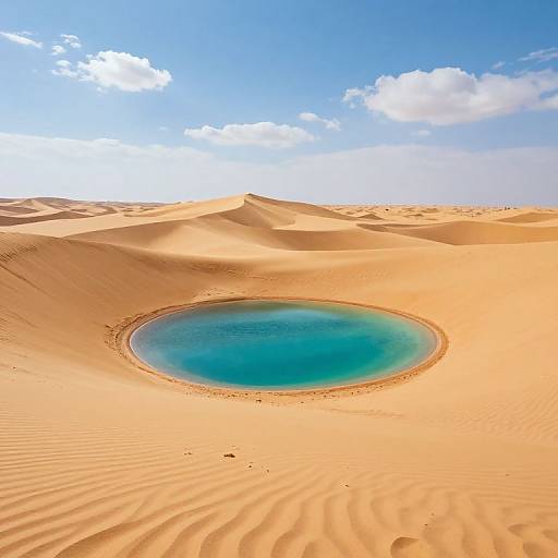 Photograph of a striking desert oasis with a circular, turquoise blue water pool surrounded by golden sand dunes under a bright blue sky with scattered white clouds