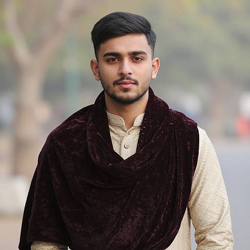 Photograph of a young South Asian man with short black hair and trimmed beard, wearing a beige embroidered shirt and dark maroon velvet scarf, standing outdoors