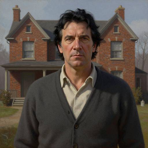 Photorealistic digital artwork of a middle-aged man with dark hair, wearing a black cardigan over a white shirt, standing in front of a two