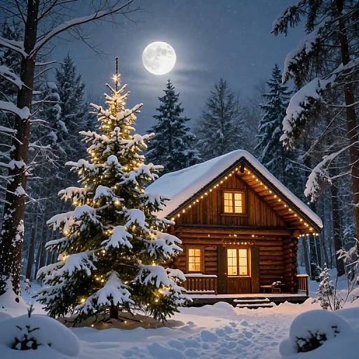 Photograph of a wooden cabin at night, illuminated by warm lights, with a snow-covered Christmas tree in front, under a bright full moon in a