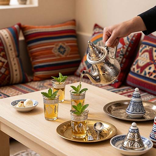 Photograph of a hand pouring from a silver teapot into ornate, patterned glass cups with mint on a wooden table, surrounded by colorful,