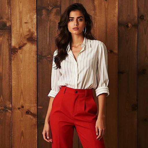 Stylish Woman in Striped Shirt and Red Pants
