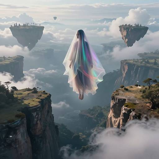 Digital art: ethereal figure with long, flowing purple and blue hair, draped in a translucent veil, floating above mystical, cloud-covered floating islands in