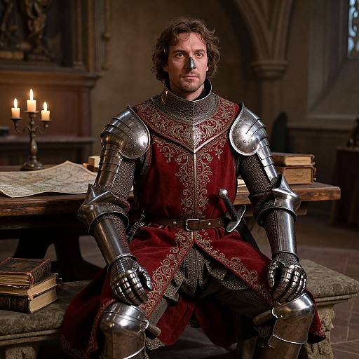 Photograph of a bearded man with wavy brown hair, wearing medieval steel armor and a red embroidered tunic, seated in a dimly lit