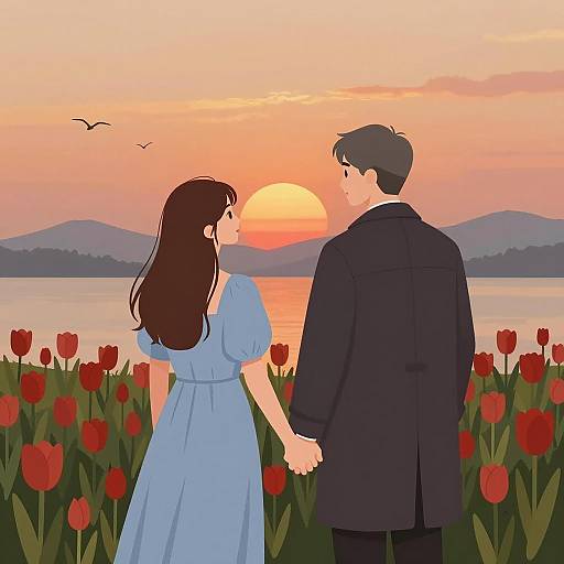 Couple Holding Hands at Sunset in Flower Field