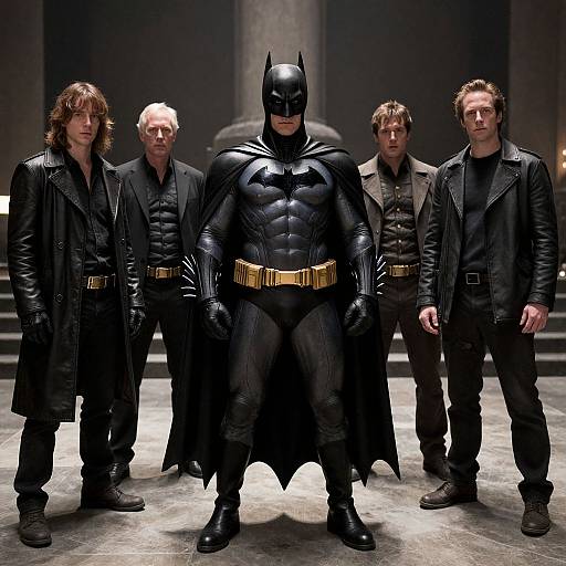 Photograph of Batman standing center in black suit, cape, and mask, flanked by four men in black leather coats, in a dimly lit