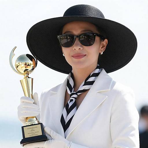 Woman in Wide-Brim Hat Holding Trophy