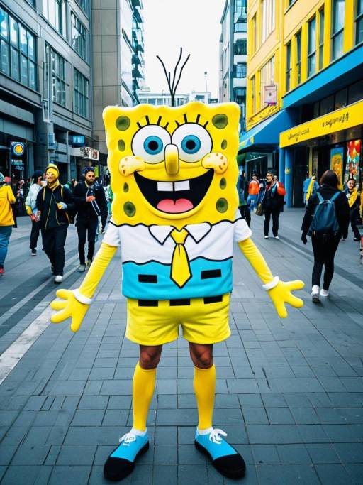 Man in SpongeBob SquarePants Costume on Urban Street