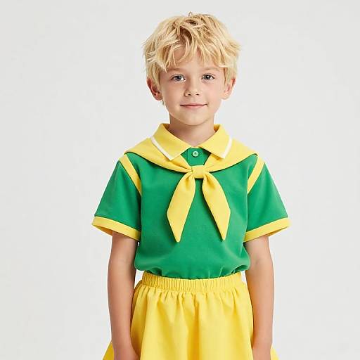 Blonde Boy in Green Yellow Outfit