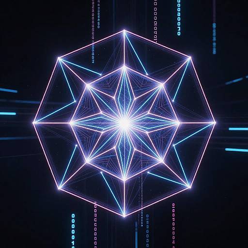 Digital art of a glowing, geometric hexagon with neon blue and white lines, set against a dark, futuristic background with vertical text.