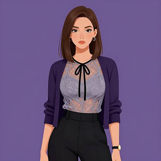 Digital illustration of a stylish woman with straight brown hair, wearing a lace top, black cardigan, high-waisted black pants, and a watch