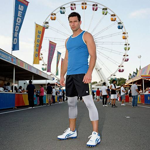 Photograph of a muscular man in a blue tank top, black shorts, and white compression leggings, standing on a busy fairground path with a Ferr