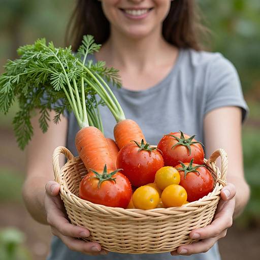 Photograph of smiling woman in gray shirt holding wicker basket with vibrant carrots, tomatoes, and yellow cherry tomatoes, outdoors.