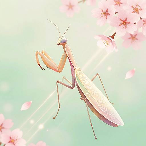 Digital illustration of a tan-colored praying mantis with blue eyes, perched on a branch with pink cherry blossoms against a bright green and white gradient