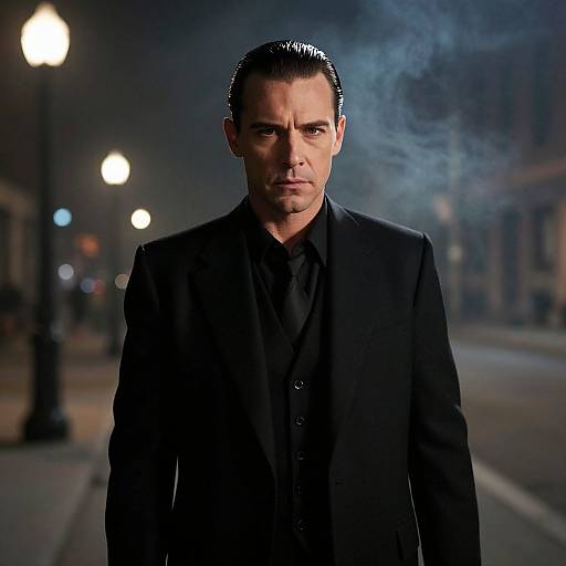 Photograph of a serious, dark-haired man in a black suit, standing on a foggy, illuminated street at night, with smoke curling from