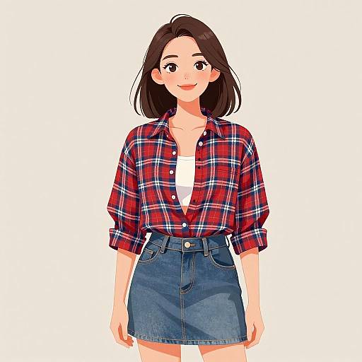 Smiling Woman in Casual Plaid Outfit