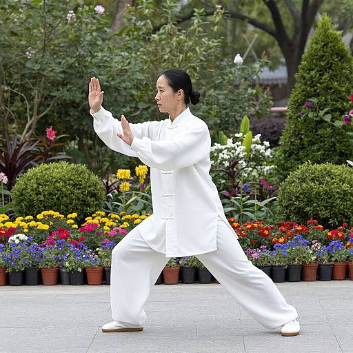 Asian woman in white martial arts uniform practices tai chi in a vibrant garden with colorful flowers and trimmed bushes. Photograph.