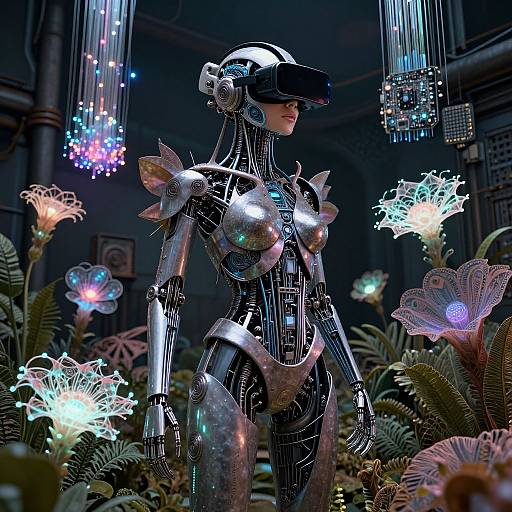 CGI image of a futuristic, metallic female android with glowing accents, standing amidst glowing, luminescent flowers in a dimly lit, ornate