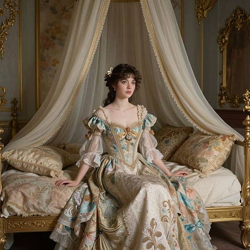 Photograph of a pale-skinned, brunette woman in an elaborate, 18th-century, pastel-colored, embroidered gown, seated on an orn