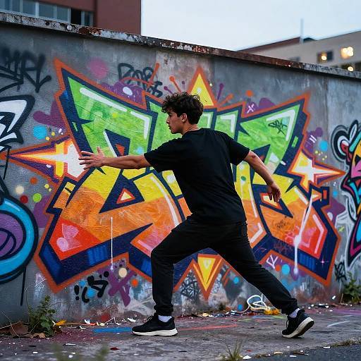 Young Male Artist Posing in Front of Vibrant Graffiti Wall