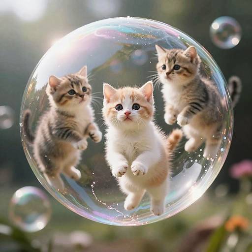 Realistic Kittens Floating in Bubbles
