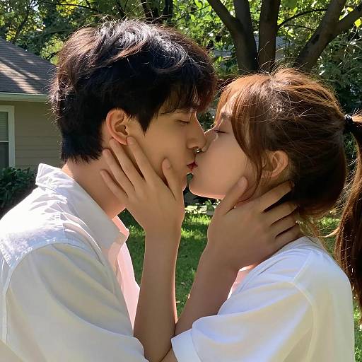 Romantic Outdoor Kiss in Sunlight