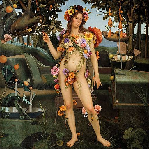 Digital illustration of a nude, fair-skinned woman adorned with colorful flowers, standing in a vibrant, fantasy forest. Detailed foliage and surreal objects surround her